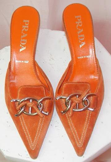 Image of Prada Tangerine Suede Pointy Toe Mules