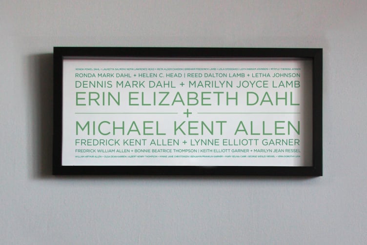 Image of 4 Generation Lineage Couple Family Tree 19¾"x9" with sans serif