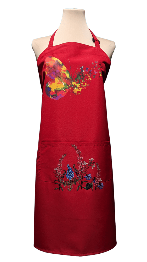 Image of Butterfly and Flowers Apron (red)