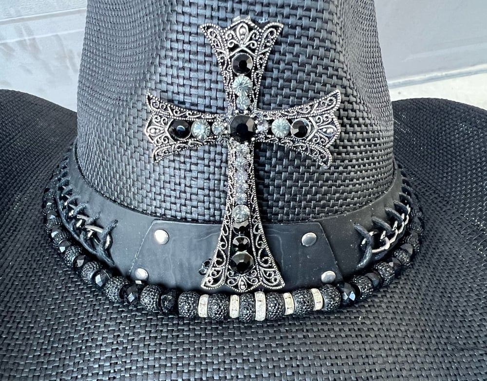 Black Cowboy Hat Bead, Chain and Cross Band