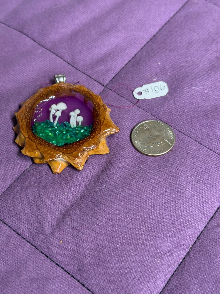 Image of Mushroom Forest Pinecone Charm with Crushed Glass Base | Handmade PNW Resin Jewelry | #106