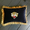 Black velvet cushion  with leopard embroidery patch and gold fringing