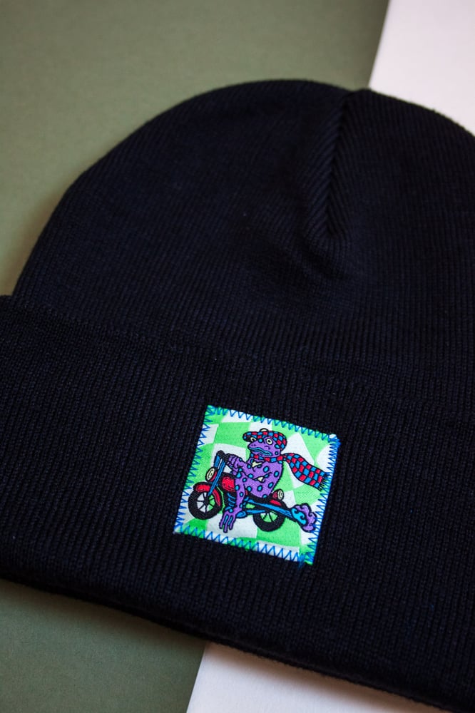 Image of Black Biker Frog  Cuffed Beanie