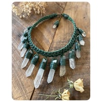 Image 1 of The Empress Necklace - Clear Quartz Crystals and Forest Green Leather