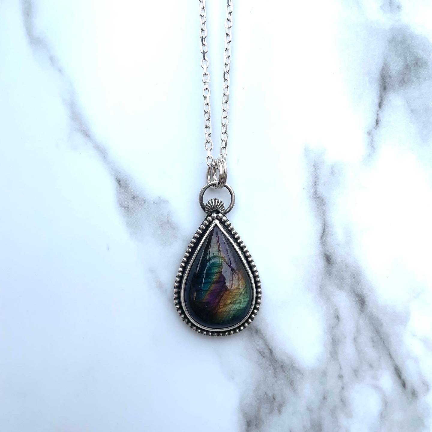 Image of Handmade Steling Silver Multicolour Labradorite Teardrop Pendant