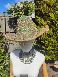Image 4 of Dolly cowboy hat - recycled sari fabric Dark Green pearls