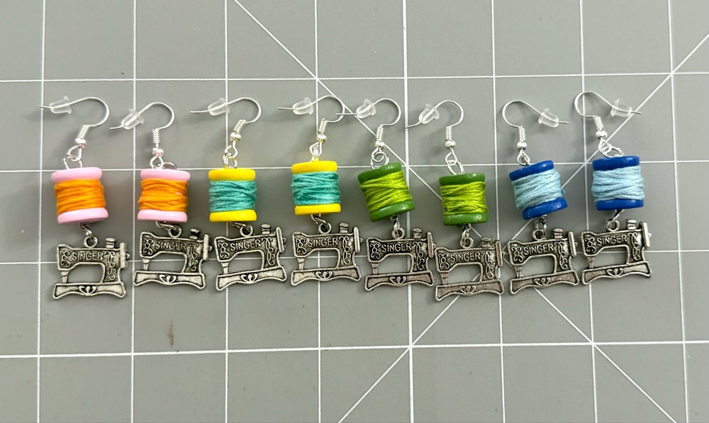 Image of Mini Thread Spool Sewing Machine Earrings