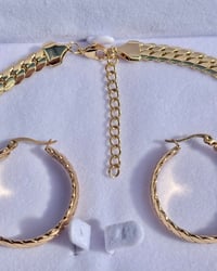 Image 5 of 18k Gold Plated/Stainless Steel Cuban Necklace Chain Set, Heart Pendant Lady of Guadalupe & Cross