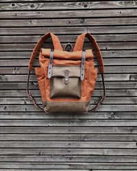 Image 3 of Dry waxed canvas backpack /hipster backpack with roll up top and double bottle pocket