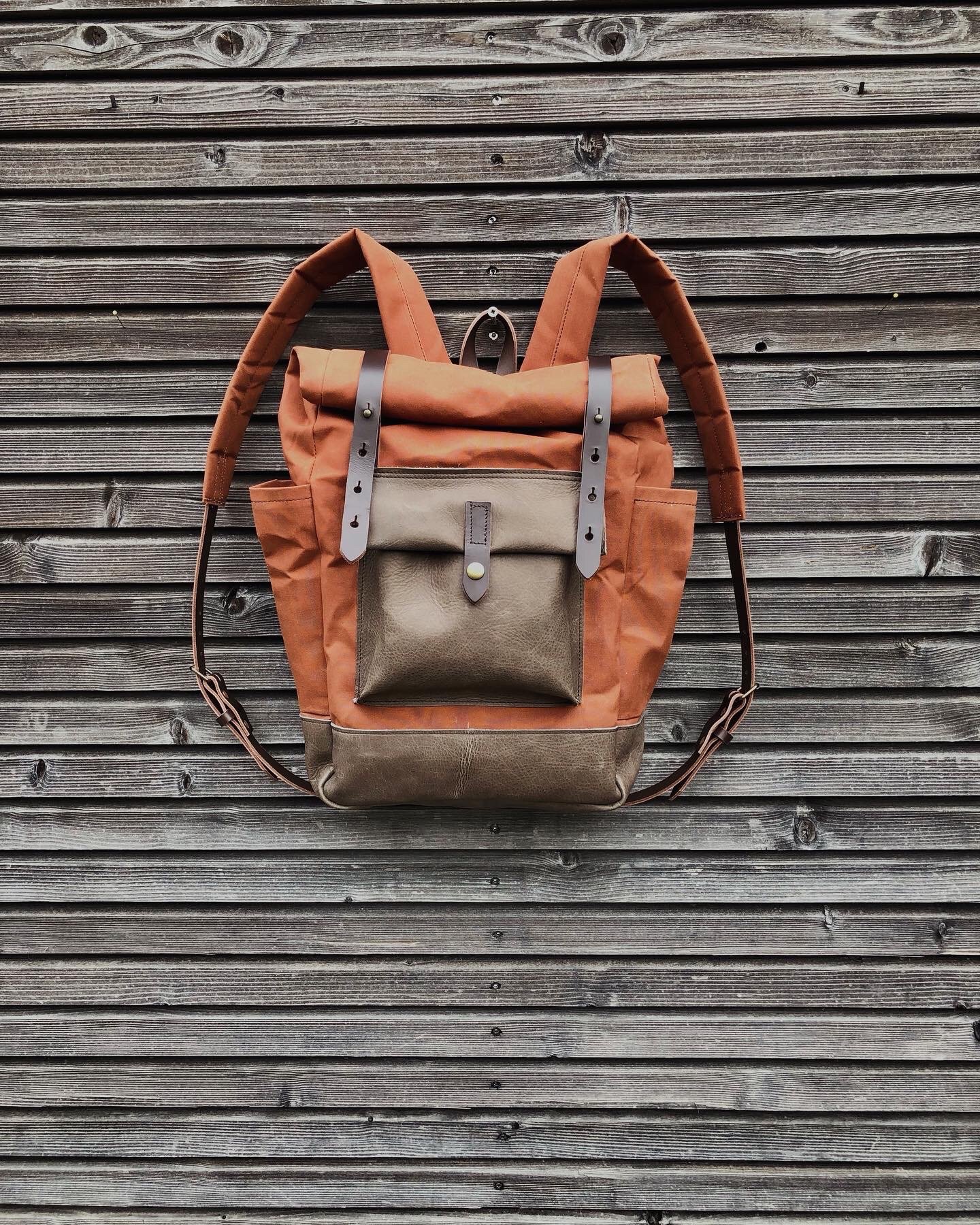 Image of Dry waxed canvas backpack /hipster backpack with roll up top and double bottle pocket