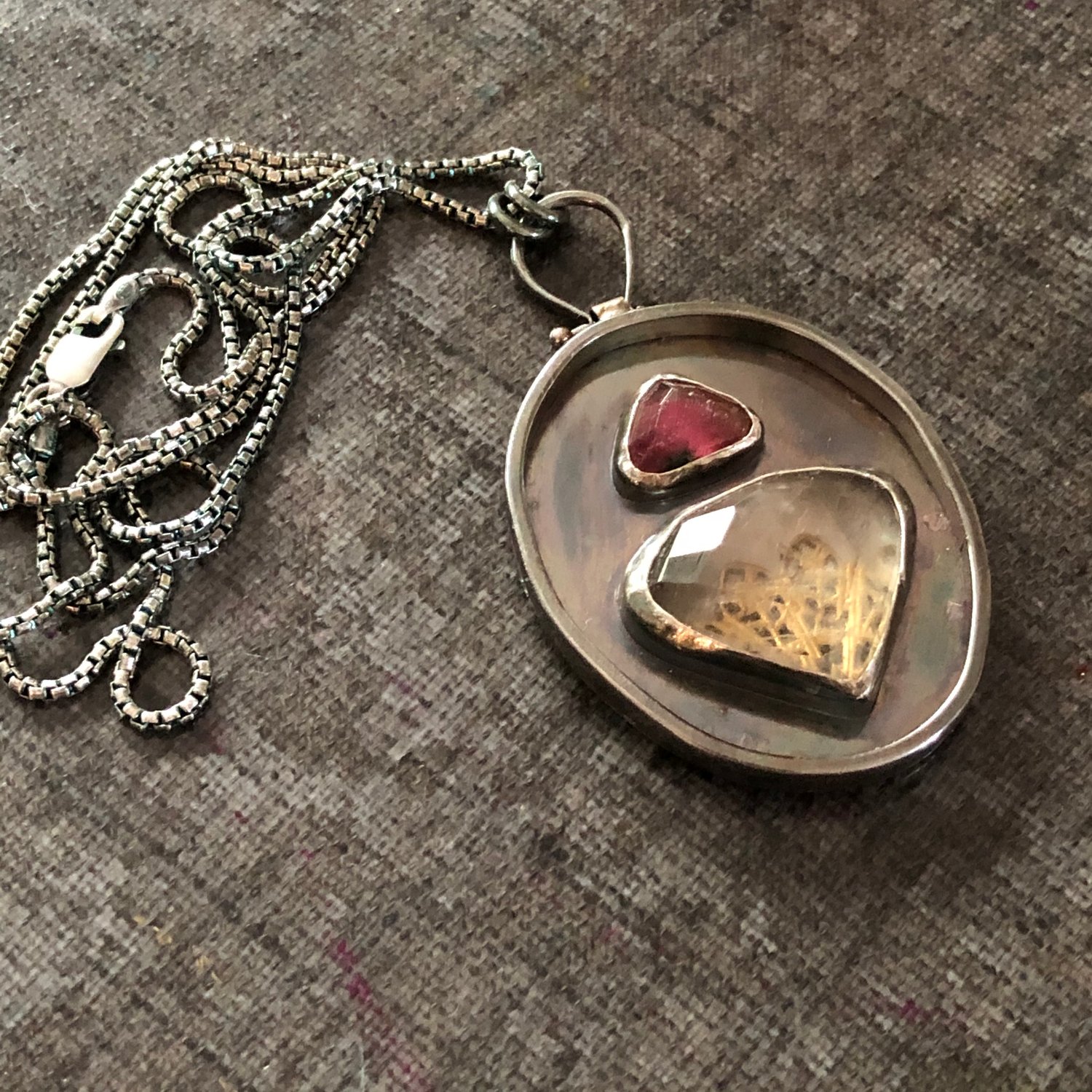 Image of Pink Tourmaline, Quartz, & Brass Filigree Necklace
