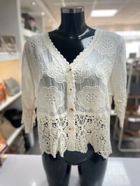 Image 1 of Embroidered Button Front Crochet Trim Top 