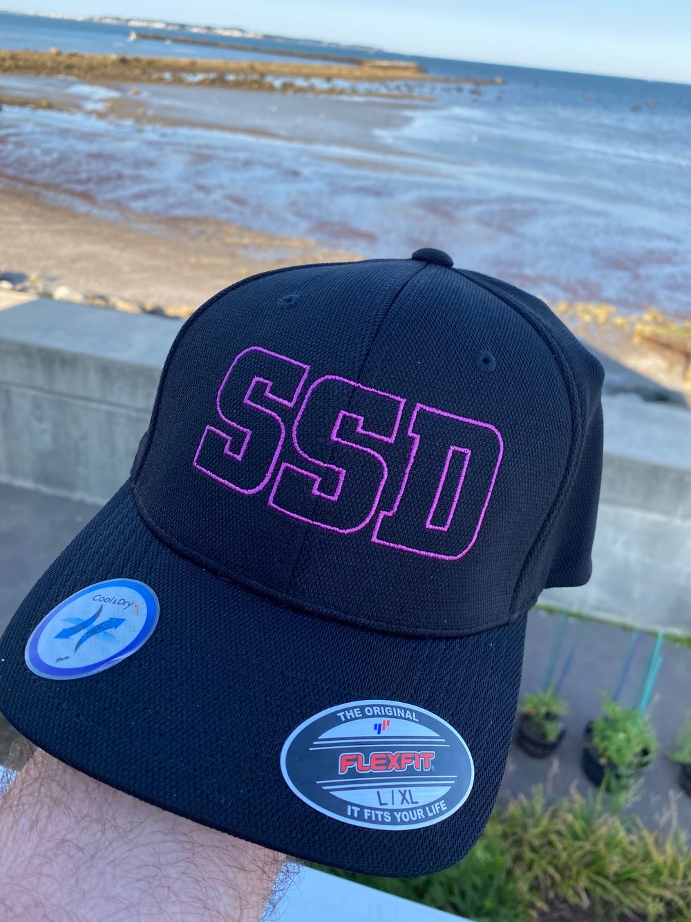 Black Flexfit Hat with Magenta SSD Outline Logo