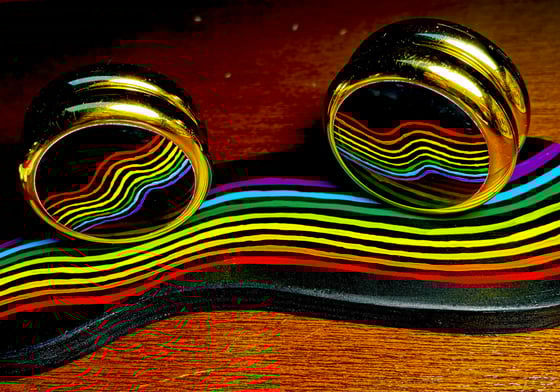 Image of Gold Loop 720 set with hand painted rainbow WAVES with display 