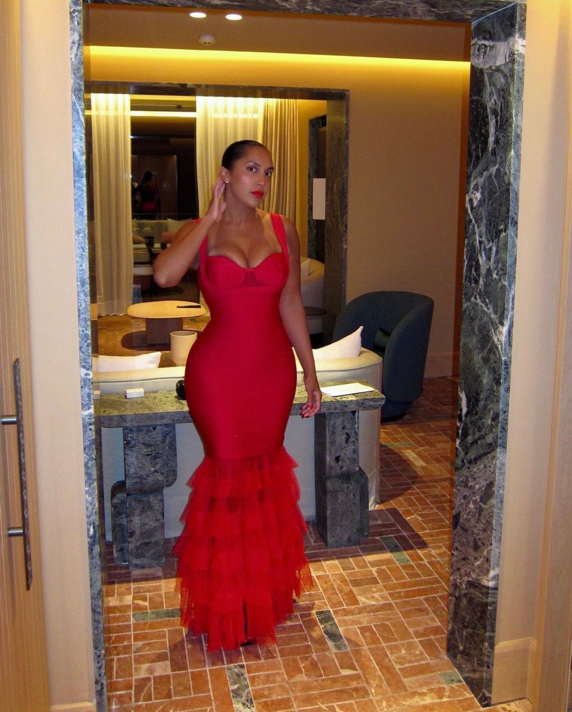 Image of RED BANDAGE & TULLE FULL-LENGTH GOWN (S)