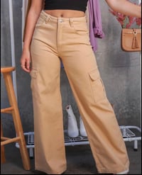 Image 1 of High Wasted Denim Wide Leg Pants With Pockets Tan 