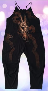 Image 1 of “PEACE” CUSTOM BLEACH PAINTED OVERSIZED ROMPER LARGE