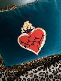 Image 5 of Sacred heart patch teal velvet rectangle cushion 