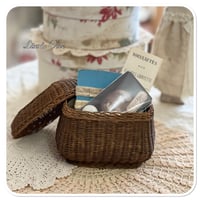 Image 1 of vintage french sewing basket with lace buttons and fabric samples