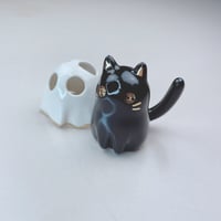 Image 2 of Black Kitty With Ghost Mask Ceramic Figurine (tiny Hole For Flower)