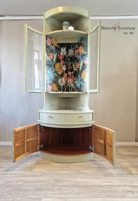 Image 4 of Tall, Mid Century, Curved Corner Drinks Cabinet unit with light with botanical lining.