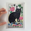 A5 print -black cat in the garden 