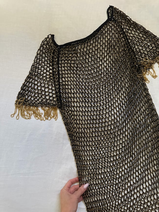 70s beaded net crochet maxi dress