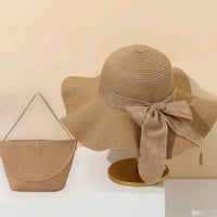 Image 1 of 2Pcs/Set Womens Beach Hat Ladies' Khaki Wave Beach Sun Hat And Woven Shoulder Bag Combo 