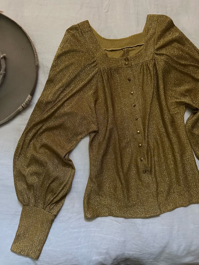 early 70s golden lurex blouse with massive poet sleeves