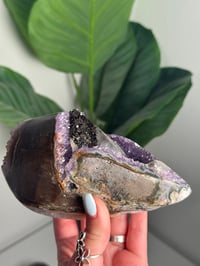 Image 6 of AMETHYST ON A CUSTOM STAND WITH A PERFECT SUGAR COATED CALCITE POINT -URUGUAY-