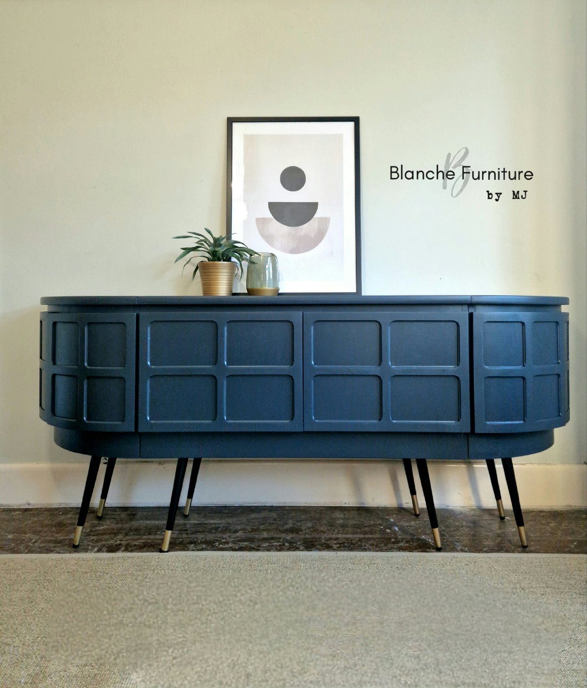Image of Long Curved Nathan Sideboard in Dark Grey on Black & Gold Tapered Legs