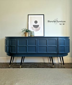Image of Long Curved Nathan Sideboard in Dark Grey on Black & Gold Tapered Legs