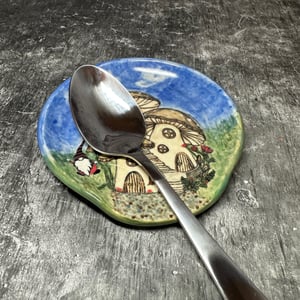 Image of Stoneware Spoon Rest - Charming Mushrooms with Gnome on a Handmade Spoon Rest