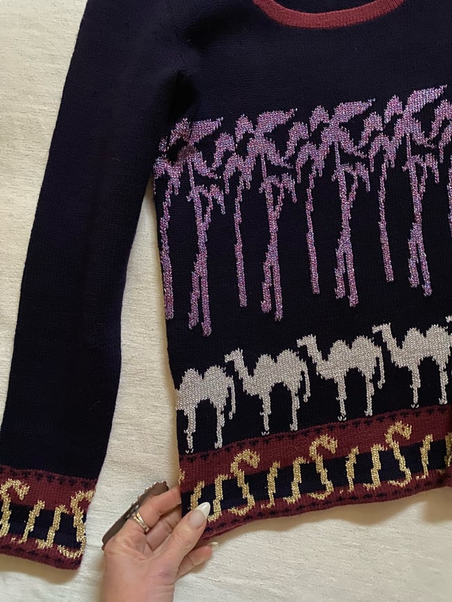 70s British camel and snake sweater