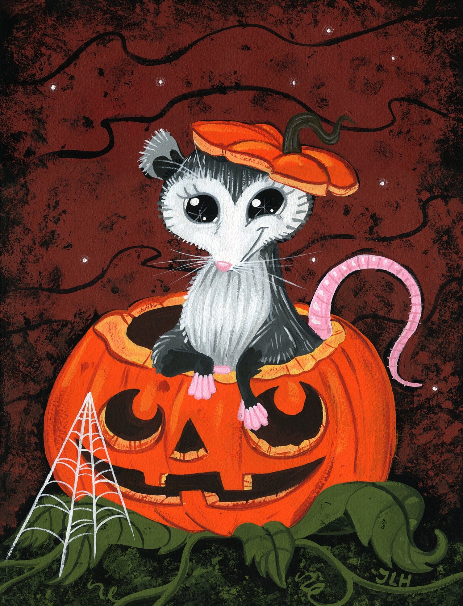 Pumpkin Possum Halloween Original Gouache Painting