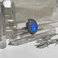 Image 2 of Blue Moonstone Ring with Moon Phase Stamped Band~Size 7