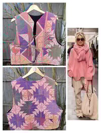 Image 3 of Woodstock Reversible Gilet - Vintage kantha fabric and black teddy fur / Pastels