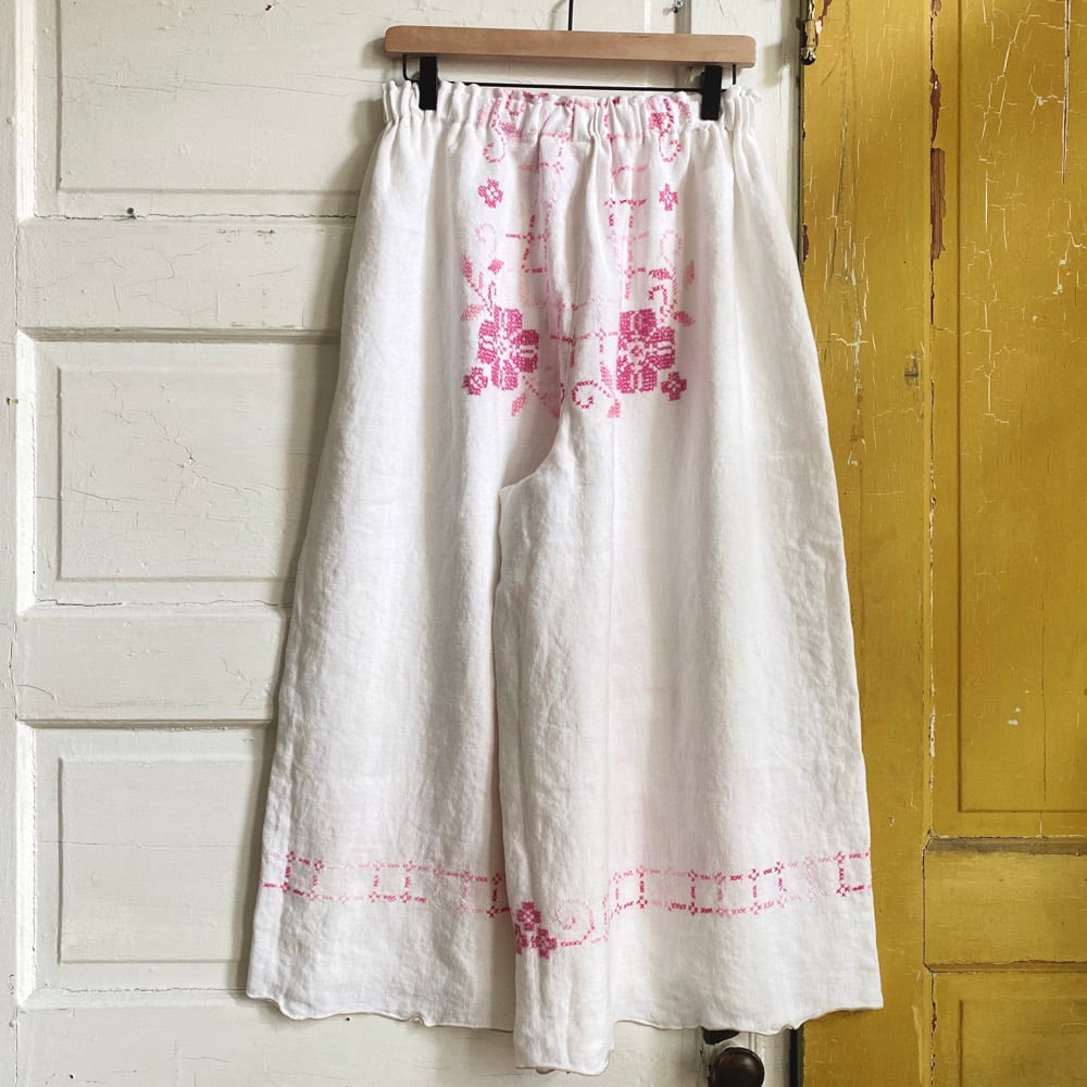 Image of Pink Floral Cross-Stitch Tablecloth Granny Pants