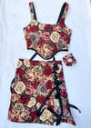 Handmade floral rose tapestry corset, mini skirt and scrunchie set