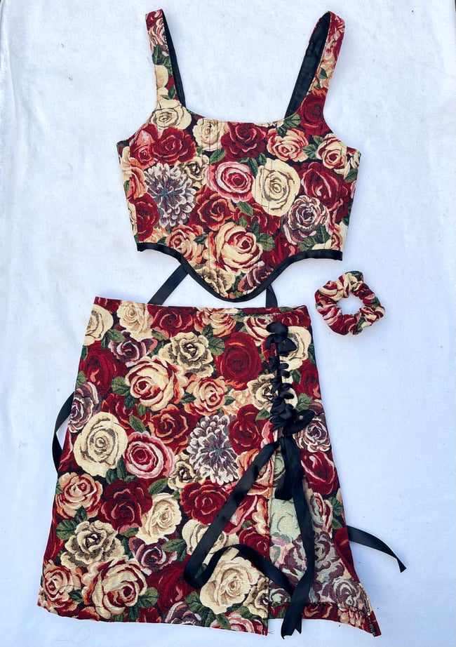 Handmade floral rose tapestry corset, mini skirt and scrunchie set