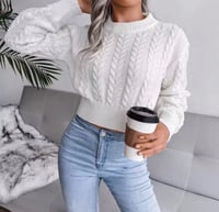 Image 2 of Crop Cable Knit White Sweater