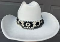 Image 1 of White Cowboy Hat Black & White Crocheted, Pearl and Chain Band