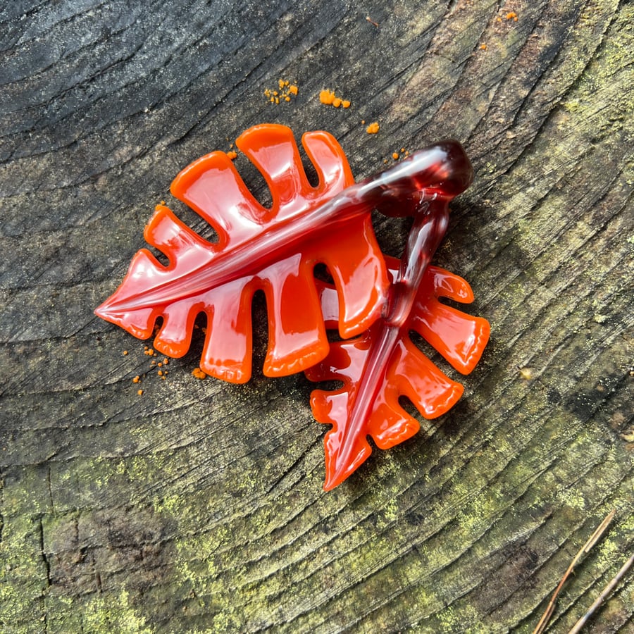 Image of Double Orange Sunburst Monstera Leaf Pendant