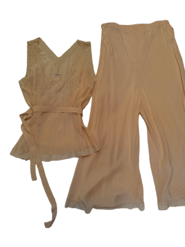 1920s 30s silk and lace pajama set lingerie beach lounge trousers