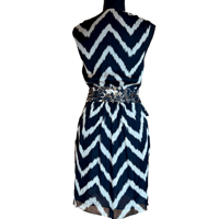 Image 2 of Milly Silk Chevron Print V Neck Sheath Dress with Metallic Accent- Size 2