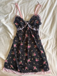 Image 1 of Vintage Y2K black floral mini dress with baby pink ruffle and under bust detail 