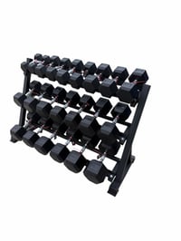 Image 4 of New pair of 10,15,20,25,30,35,40,45,50,60,70lb rubber dumbbells with rack. 