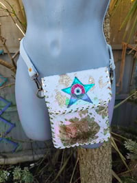 Image 5 of Woodstock cross body /passport bag - Cream with pink and turquoise star