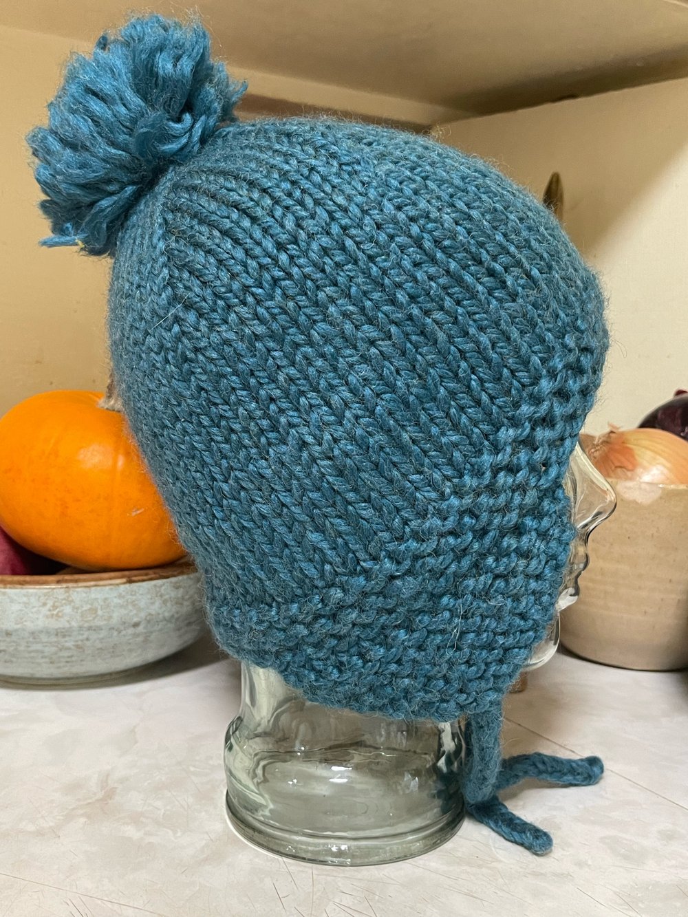 Blue Hand Knit Winter Hat with PomPom And Tie Cords