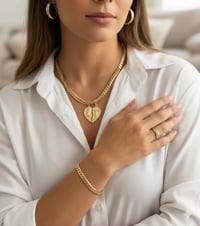 Image 1 of 18k Gold Plated/Stainless Steel Cuban Necklace Chain Set, Heart Pendant Lady of Guadalupe & Cross